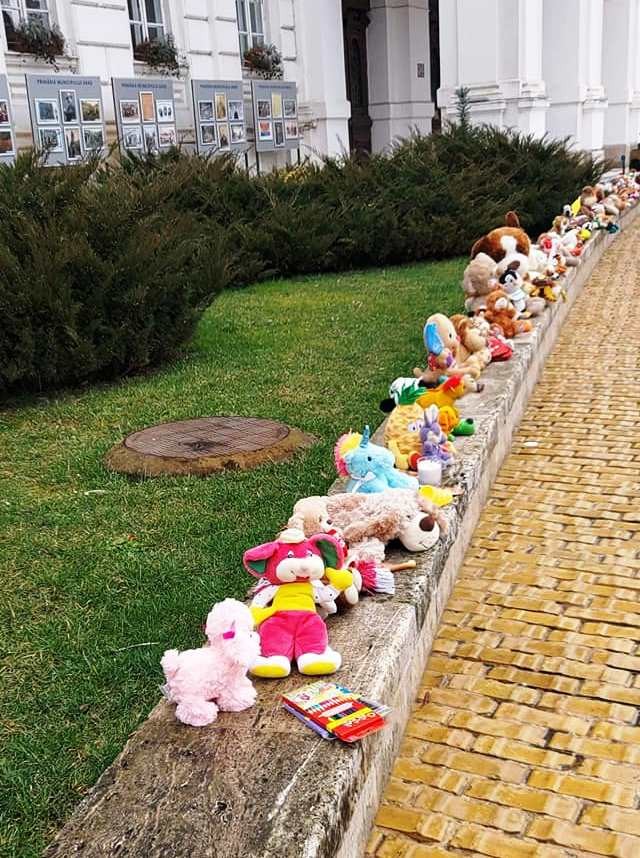 Jucăriile din pluş lăsate în faţa Primăriei Arad vor fi donate