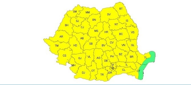 Avertizare meteo: cod galben de ploi torențiale, vijelii și grindină, în aproape toată țara