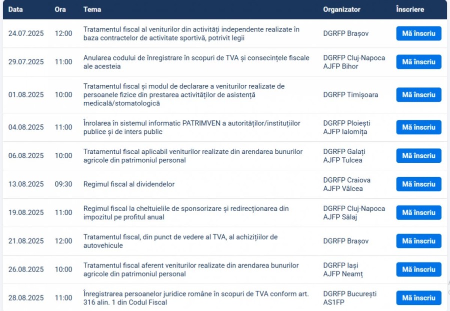 Lista seminariilor web pentru luna august, publicată pe portalul ANAF