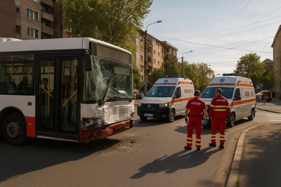 Un autobus a fost lovit de un camion  în Arad pe str. Renașterii