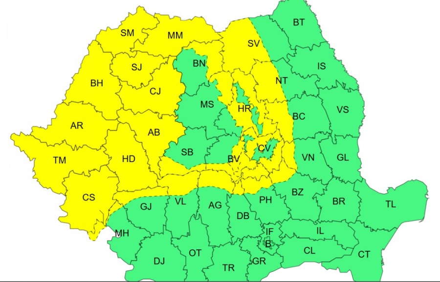 Vreme capricioasă în județ: ploi abundente, intensificări ale vântului, iar la munte sunt anunțate ninsori