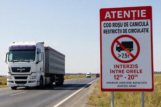 Cod roșu de caniculă în Arad: Restricții pentru camioanele de peste 7,5 tone pe drumurile județene