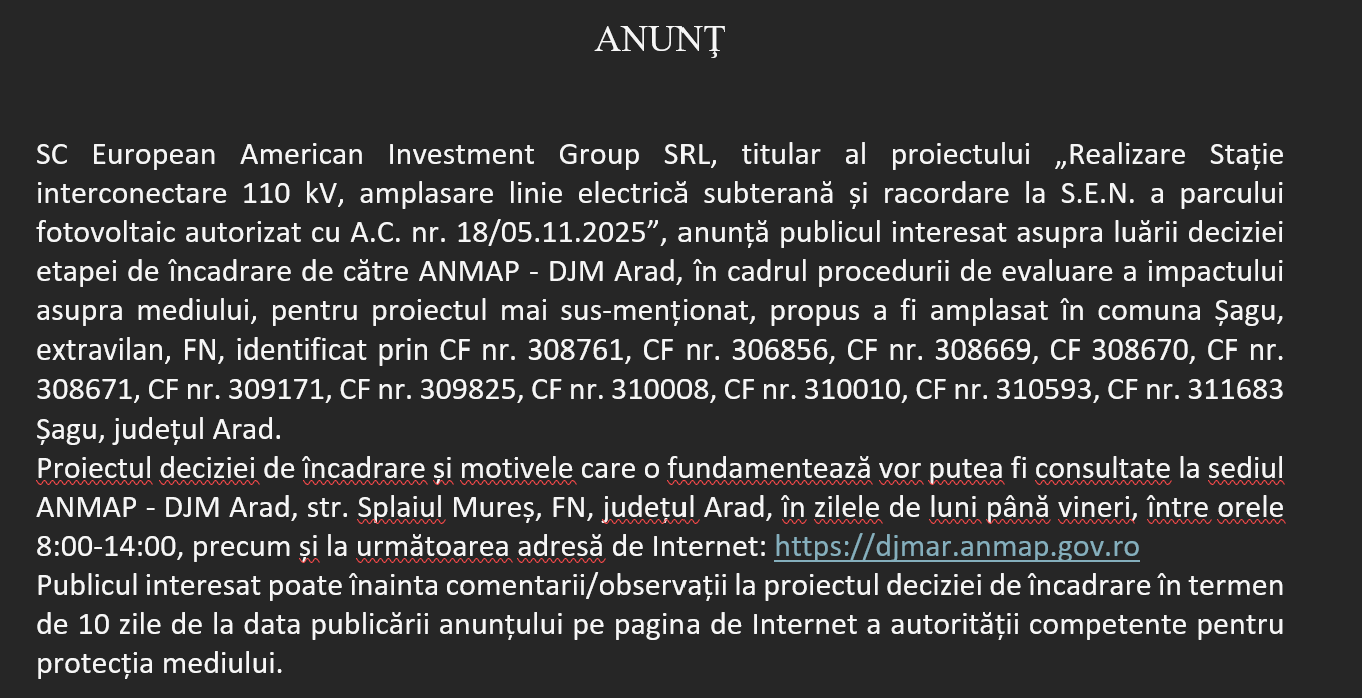 Anunt European American Investment Group SRL