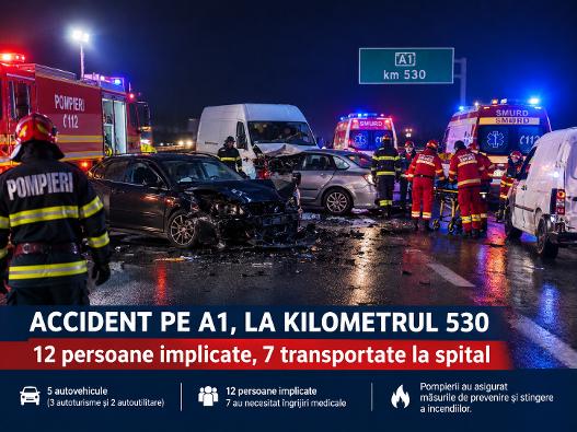 Accident pe A1, la kilometrul 530: 12 persoane implicate, 7 transportate la spital